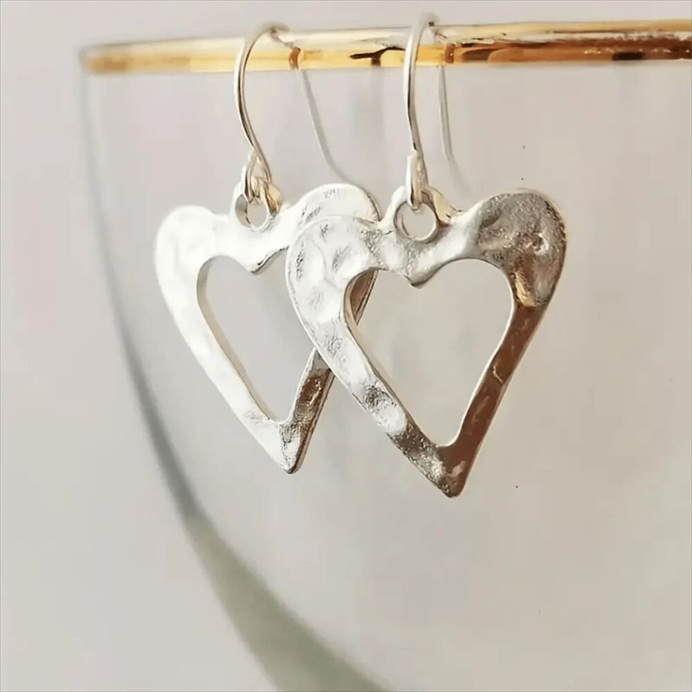 Silver Open Abstract Heart Drop Earrings Hammered Dangle Pendant Textured Charm